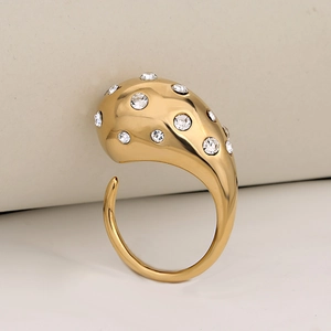 Fashion Stainless Steel Rhinestone Teardrop Open Ring For Women Ins Style Water Drop Adjustable Finger Ring Jewelry Gift