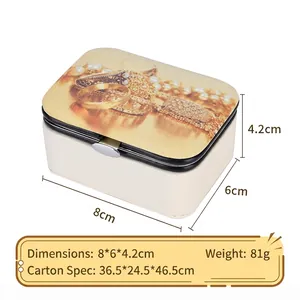 Portable cream white leather jewelry box with vintage print, compact size 8x6x4.2cm