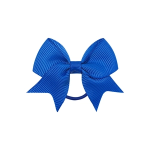 Detail of royal blue grosgrain ribbon bow hair tie with durable elastic band