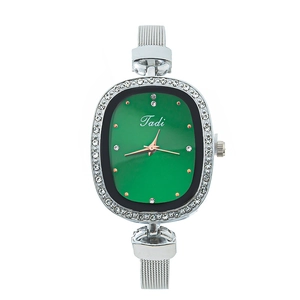 Elegant ladies quartz watch with oval green dial and silver mesh band with crystals