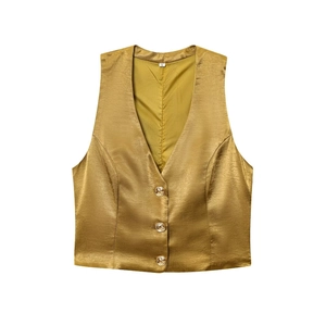 Golden silk satin V-neck vest with metallic buttons shown in a flat lay view