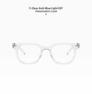 Detail view of transparent square frame glasses with anti-blue light coating and clear finish