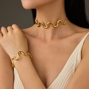 Wave Shaped Necklace And Bracelet 18K Gold Plated Stainless Steel Minimalist S Curve Jewelry For Women