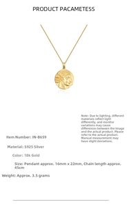 Detailed specs for a 925 sterling silver 18k gold coin necklace with classic portrait