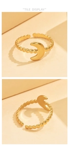 Detail view of gold moon ring with beaded band and 18K vacuum plating finish