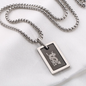 Collier Homme Acier Inoxydable Motif Dragon Pendentif Carré Incrustation Noire Hip Hop Punk Bijoux Vintage