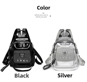 Detail showing black and silver rhinestone backpacks with metallic studs and logos