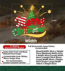 Size chart for Christmas elk snowman static window stickers in five different dimensions