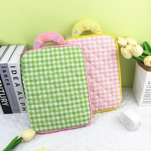 Laptop Sleeve Bag Quilted Cotton Plaid Fabric Portable Tablet Carrying Case Protective Cover Kawaii Style For Travel Office