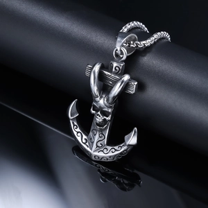 Dark punk style anchor skull pendant in polished silver stainless steel for men