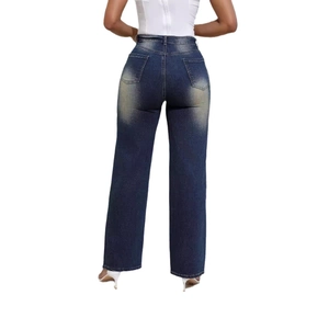 Women high waist straight leg denim jeans in dark blue with subtle distressed back detail