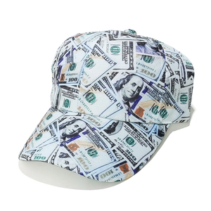 Detailed macro view of the 100 dollar bill print on the crown of the baseball cap