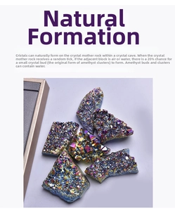 Detailed macro view of six iridescent electroplated crystal clusters with vibrant metallic finish