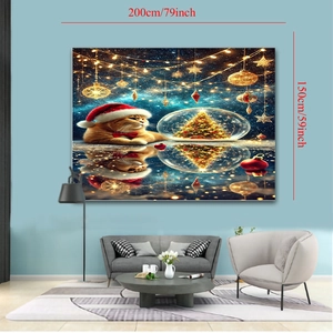 Detail view of 200x150cm Christmas tapestry featuring festive cat and crystal ball design