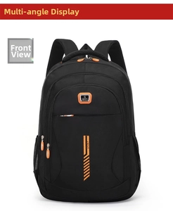 Detailed front view of black sports backpack with orange trim and mesh side pocket