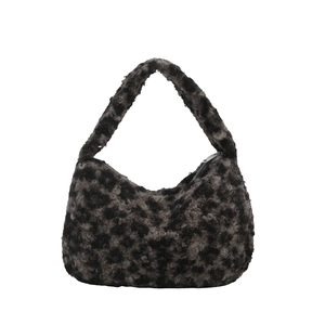 Chic leopard print faux fur shoulder bag with single handle in dark grey and black