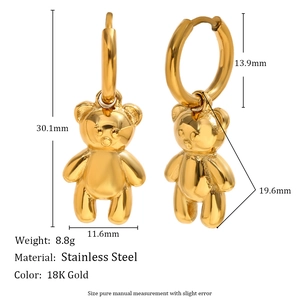 18K gold plated stainless steel teddy bear earrings with detailed dimension markings