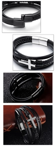 Detail view of multi-layer black braided leather bracelet with magnetic cross clasp