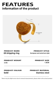 Detail view showing dimensions of golden oval stainless steel ring with amber enamel