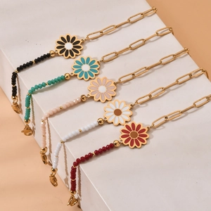Bohemian daisy stainless steel bracelets with colorful beads and golden link chains