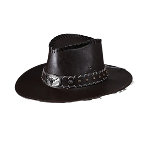 Classic dark brown leather western cowboy hat with a star rivet and silver bull head emblem