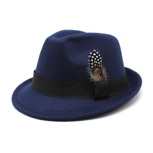 Classic dark blue wool fedora hat with black ribbon and spotted feather detail
