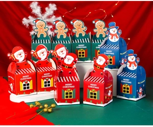 Three-tier display of cartoon Christmas gift boxes with Santa and Snowman designs