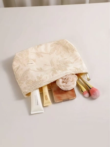 Trousse de maquillage française en coton et lin avec broderie florale de voyage