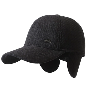 Winter men's thermal baseball cap with ear flaps and wool-blend texture in black