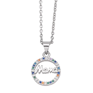 Elegant silver Mama pendant necklace with colorful cubic zirconia stones for women