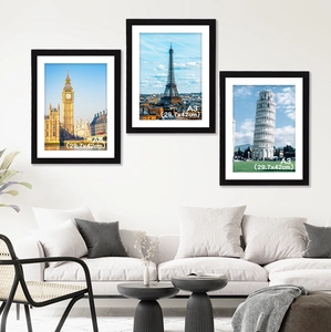Three-piece black minimalist A3 wall photo frames with famous European landmark prints