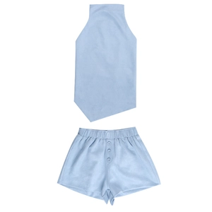 Detailed view of light blue two-piece set featuring halter neck top and elastic waist shorts