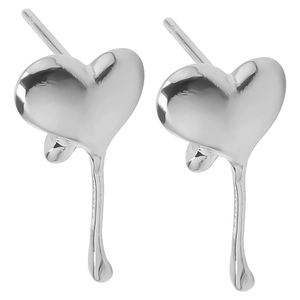 Detail of silver heart earrings with unique melted drop design in polished steel