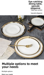 Detail of Nordic gold-rimmed ceramic dinner plates with brushed texture and gold fork