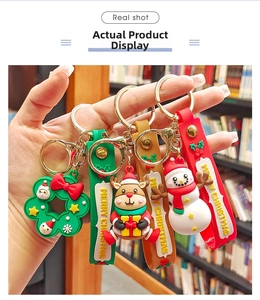 Detail of Christmas silicone keychains with snowman and reindeer characters on a strap