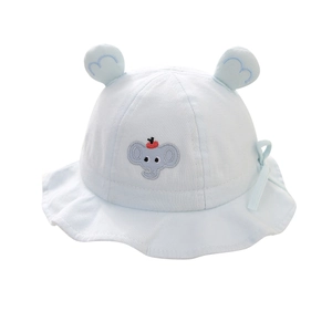Light blue cotton baby sun hat with elephant embroidery and 3D ears, adjustable chin strap