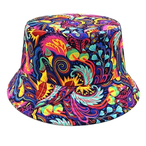 Colorful digital print bucket hat featuring psychedelic mushroom and feather patterns