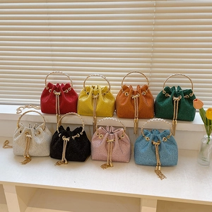 Sparkling Rhinestone Bucket Bag Women Elegant Party Evening Handbag Metal Ring Handle Tassel Drawstring Chain Crossbody
