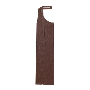 Damen Asymmetrisches Geripptes Strick Midi Kleid Halterhals Metallischer Glitzer Ärmellos Schlanke Passform Party Kleid Braun