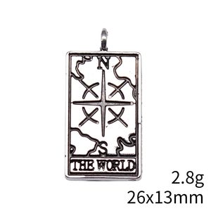 Detailed macro of antique silver The World tarot card pendant showing 26x13mm size and 2.8g weight