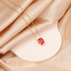 Elegant gold stainless steel necklace featuring a geometric red square zircon pendant