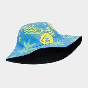 Detail of blue reversible bucket hat showing psychedelic patterns and black inner fabric