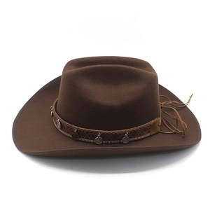 Deep brown western cowboy felt hat detail with boho braided band and metal coin charms