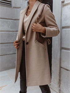 Detailed view of the camel wool blend coat featuring a classic lapel and single button