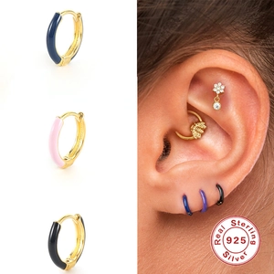 Minimalist S925 sterling silver hoop earrings with colorful enamel coating and gold plating