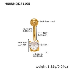 Detailed measurements of the 18k gold-plated stainless steel heart belly ring with zircon