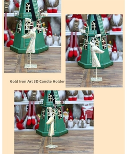Detailansicht eines goldenen Rentier-Kerzenhalters aus Eisen auf einem festlichen Holztisch