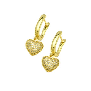 Detail of 18k gold plated copper heart earrings with micro-set cubic zirconia stones