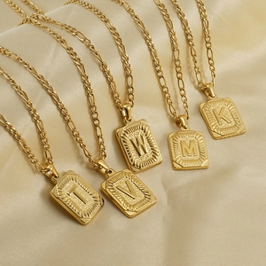 Initial Letter Pendant Necklace 18K Gold Plated Stainless Steel Square Alphabet Figaro Chain Hip Hop Minimalist Jewelry
