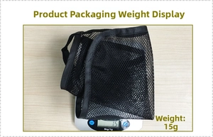 Detail shot of lightweight 15g black mesh storage bag on electronic scale